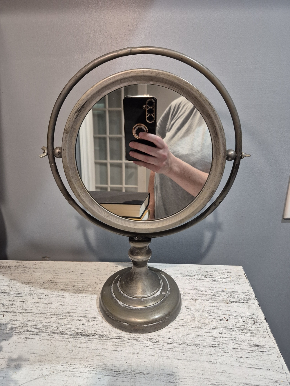 Vintage-Style Round Tiltable Vanity Mirror in Aged Bronze Excellent Condition